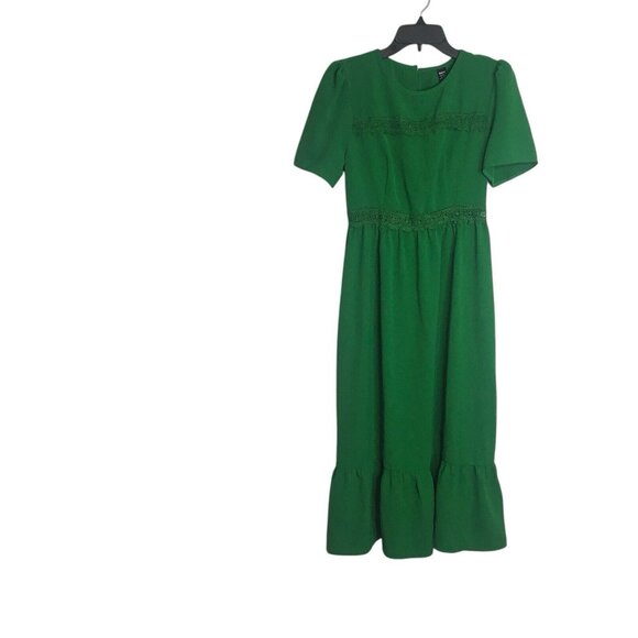 Women's Puff Sleeve Midi Dress Green Lace Insert Ruffle Hem Sz Medium 6 - Picture 4 of 16